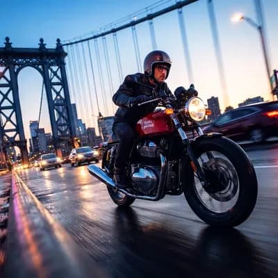 A rider on a motorcycle crossing a city bridge at dusk with the skyline behind