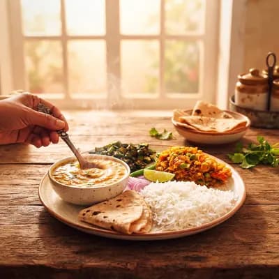 A hand serving dal onto a thali of rice and roti on a wooden table by a bright window